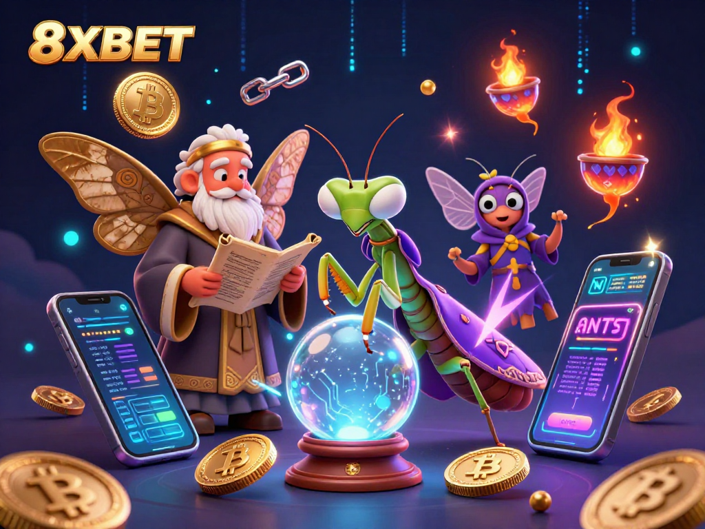Experience thrilling games at 8XBET with a vibrant illustration of fortune tellers in a mystical casino setting.