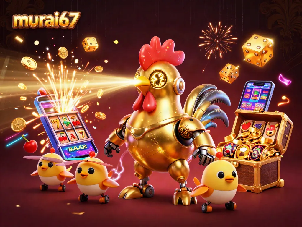 Murai67 showcases a dazzling retro-futuristic casino scene with vibrant, golden casino elements and characters.