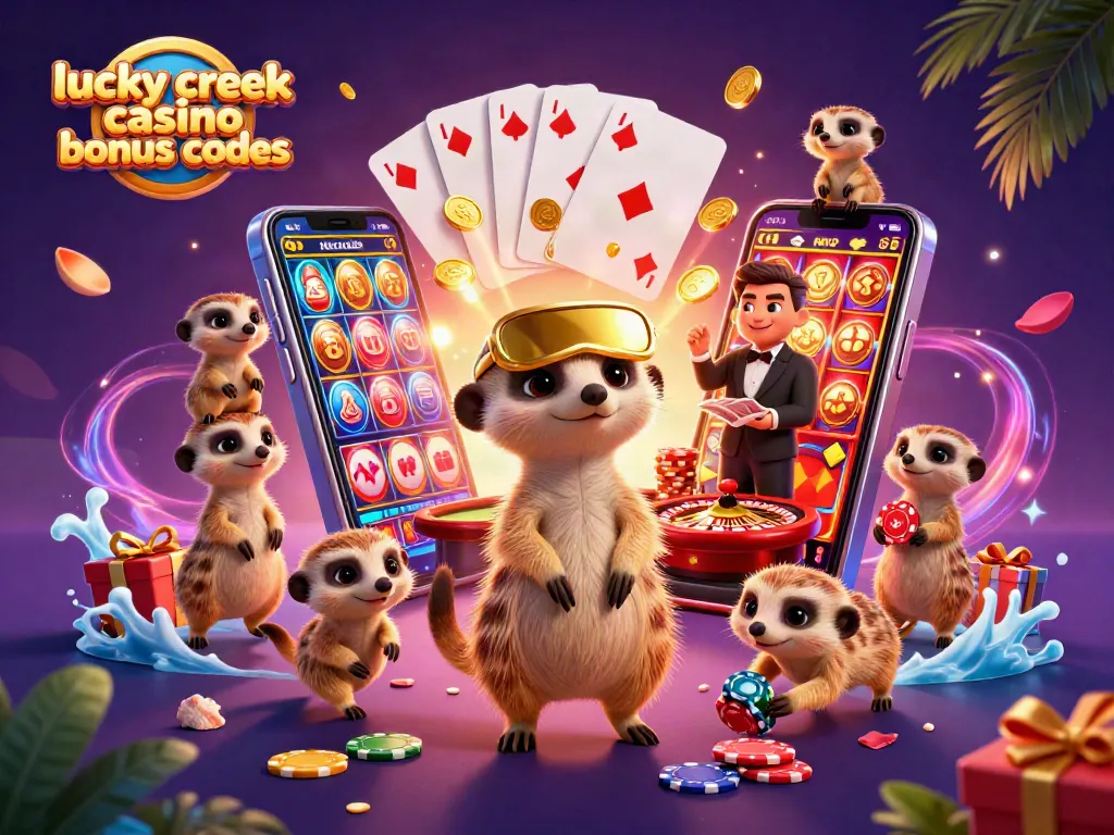Experience lucky creek casino bonus codes with fun meerkats in a vibrant casino setting.