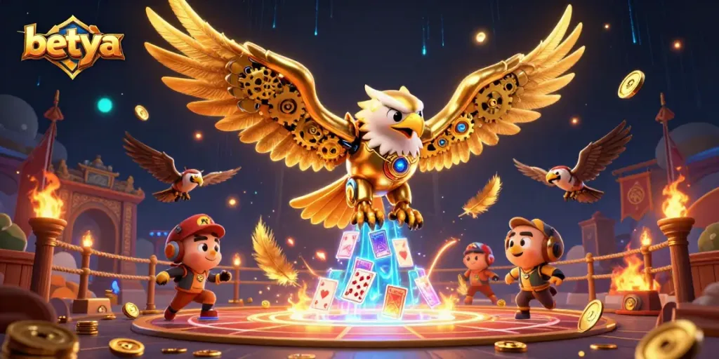 Experience the thrill of playing at betya casino with a dynamic scene of winning eagle and holographic cards.