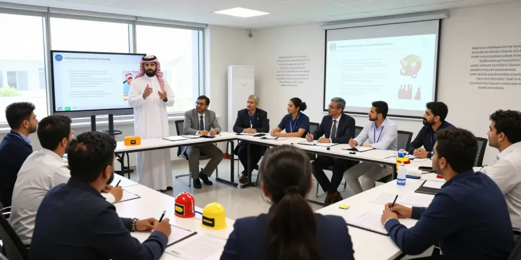 Training Institute Saudi Arabia setting with diverse learners engaged in HSE workshops.