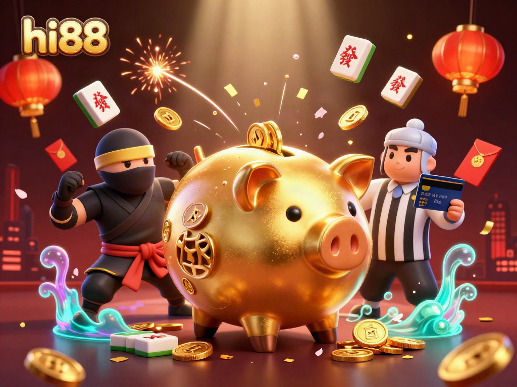 Engage in thrilling gameplay at hi88 with a sumo wrestler and other characters in a lively casino scene.