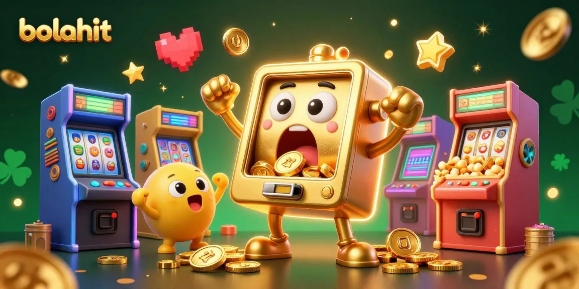 Bolahit hadir dengan mesin slot emas ceria yang memenangkan jackpot, dikelilingi oleh elemen permainan kasino yang mengesankan.