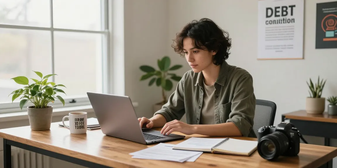 Cozy home office scene highlighting consolidation process with financial documents and laptop.
